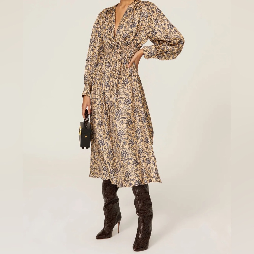 Sandro Blue and Gold Floral Paisley Midi Dress V-Neck size FR 38